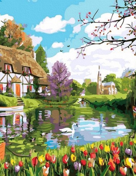 Tapyba pagal skaičius Namelis prie ežero 40x50 cm Tapyba pagal skaičius Namelis prie ežero 40x50 cm