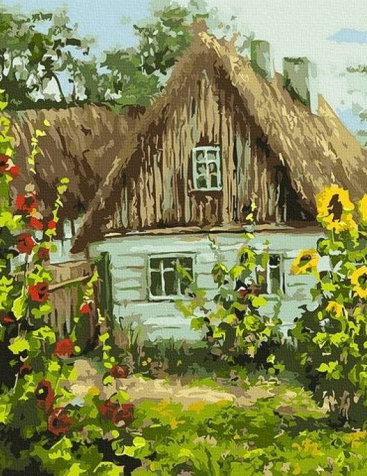 Tapyba pagal skaičius Kotedžas su saulėgrąžomis 40x50 cm Tapyba pagal skaičius Kotedžas su saulėgrąžomis 40x50 cm