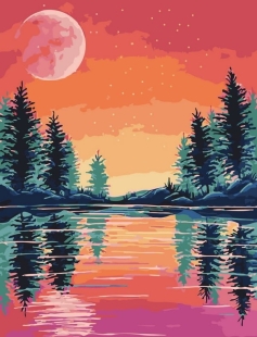 Tapyba pagal skaičius Rožinis mėnulis virš miško ežero 30x40 cm