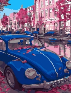 Tapyba pagal skaičius Mėlynas senovinis automobilis Pink Blossom gatvėje 30x40 cm