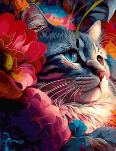 Tapyba pagal skaičius Gėlių katės portretas stambaus plano 40x50 cm