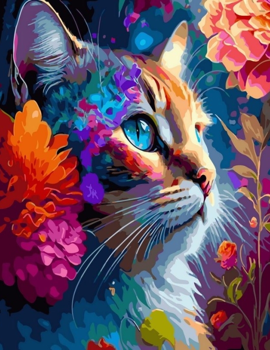 Tapyba pagal skaičius Spalvingas gėlių katės portretas 40x50 cm