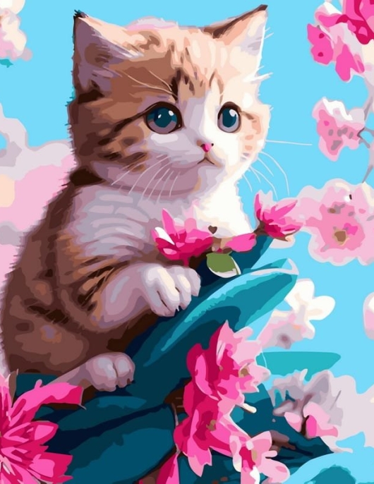 Tapyba pagal skaičius Kačiukas su vyšnių žiedais 40x50 cm