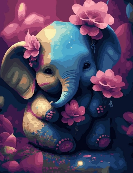 Tapyba pagal skaičius Mielas drambliukas su gėlėmis 40x50 cm