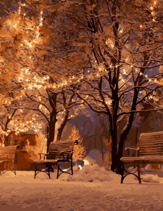 Tapyba pagal skaičius Švytintys žiemos parko suolai 40x50 cm Tapyba pagal skaičius Švytintys žiemos parko suolai 40x50 cm