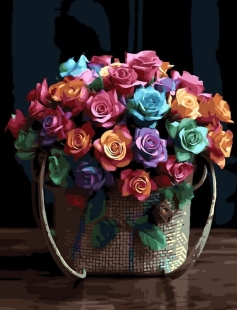 Tapyba pagal skaičius Spalvingas rožių krepšelio natiurmortas 40x50 cm