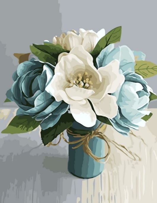 Tapyba pagal skaičius Baltų ir mėlynų rožių kompozicija 40x50 cm