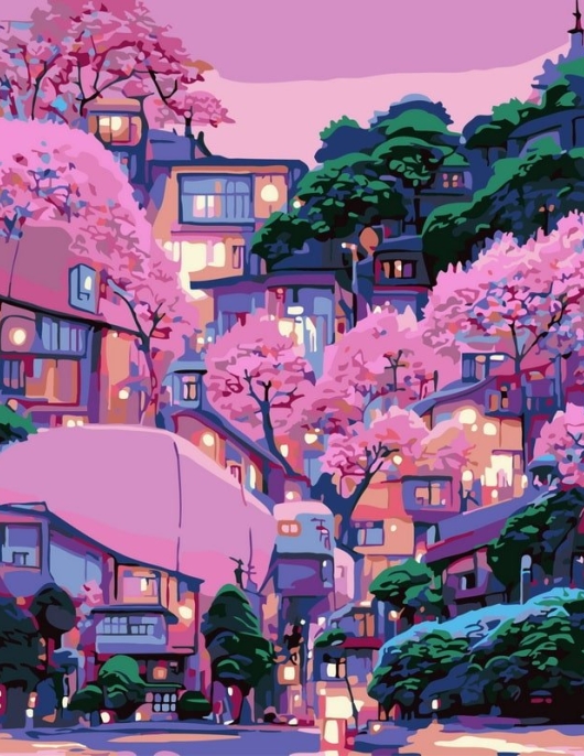 Tapyba pagal skaičius Japoniškas miestelis vyšnių žieduose 40x50 cm Tapyba pagal skaičius Japoniškas miestelis vyšnių žieduose 40x50 cm