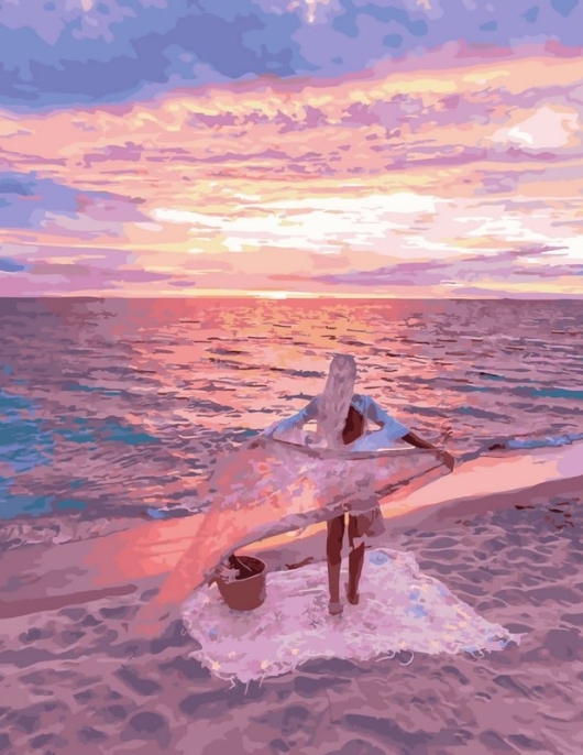 Tapyba pagal skaičius Švelniai rožinis paplūdimio saulėlydžio banglentininkas 40x50 cm