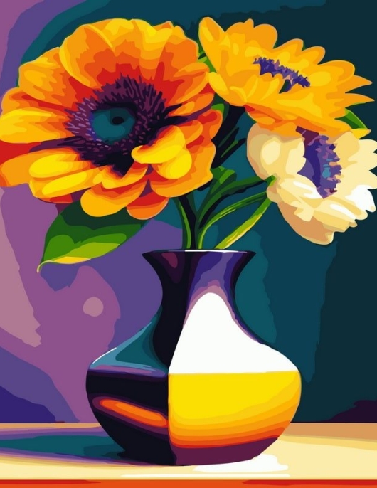 Tapyba pagal skaičius Spalvingos saulėgrąžos vazoje 40x50 cm