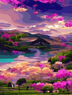 Tapyba pagal skaičius Rožinis kalnų slėnis su upe 40x50 cm
