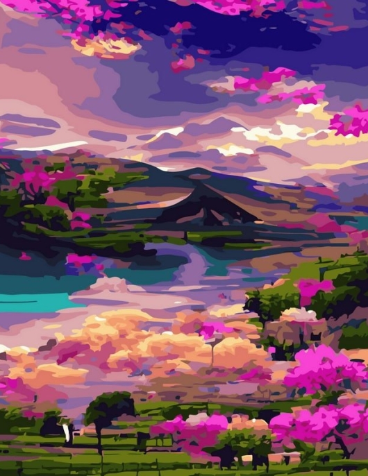 Tapyba pagal skaičius Rožinis kalnų slėnis su upe 40x50 cm