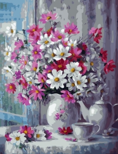 Tapyba pagal skaičius Pastelinių gėlių kompozicija vazose 40x50 cm