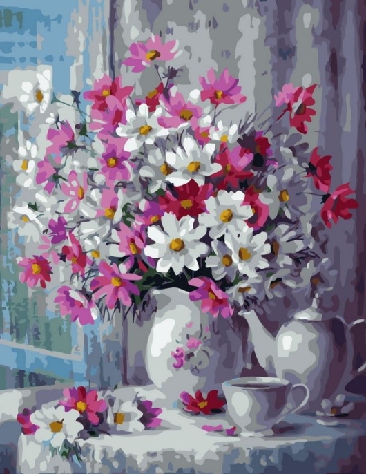 Tapyba pagal skaičius Pastelinių gėlių kompozicija vazose 40x50 cm
