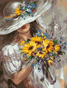 Tapyba pagal skaičius Mergina su skrybėle ir saulėgrąžų puokšte 40x50 cm