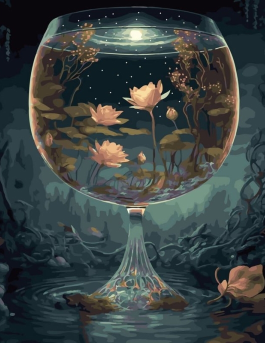 Tapyba pagal skaičius Mėnulio apšviestos bijūnų giraitės prie ežero 40x50 cm