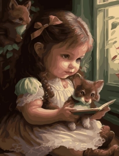 Tapyba pagal skaičius Maža mergaitė skaitanti su kačiuku 40x50 cm