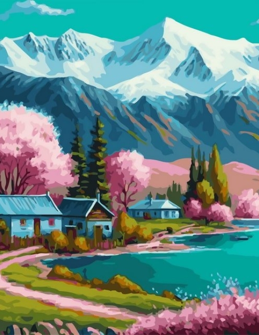 Tapyba pagal skaičius Spring Lake kalnų kaimas 40x50 cm Tapyba pagal skaičius Spring Lake kalnų kaimas 40x50 cm