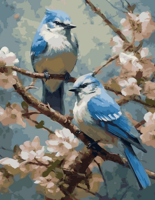 Tapyba pagal skaičius Mėlynieji paukščiai ant vyšnių žiedų šakos 40x50 cm