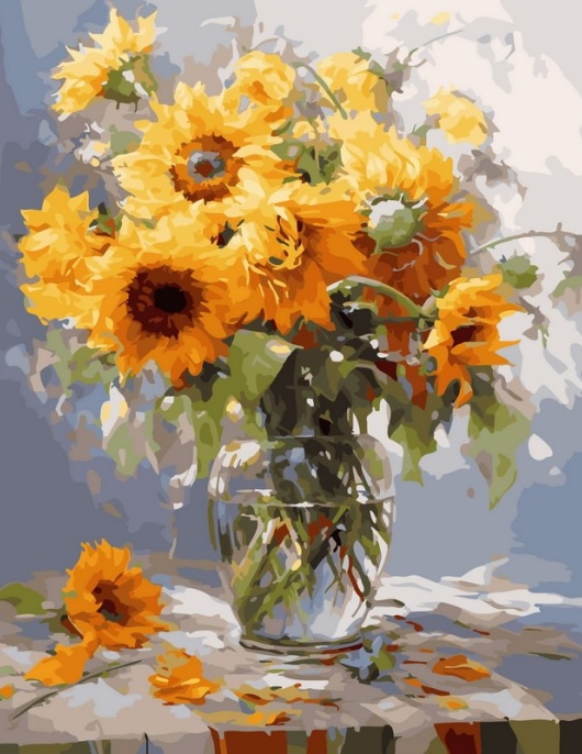 Tapyba pagal skaičius Saulėgrąžos stikliniame inde 40x50 cm