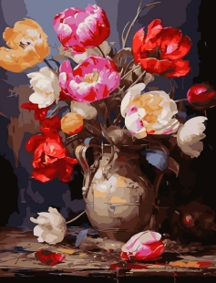 Tapyba pagal skaičius Raudonų ir rožinių bijūnų puokštė vazoje 40x50 cm