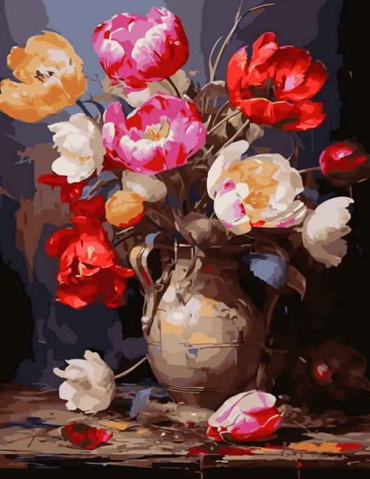 Tapyba pagal skaičius Raudonų ir rožinių bijūnų puokštė vazoje 40x50 cm