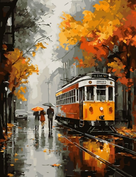 Tapyba pagal skaičius Rudens tramvajus lietingoje miesto gatvėje 40x50 cm