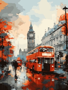 Tapyba pagal skaičius Raudonas dviaukštis autobusas Londono lietuje 40x50 cm