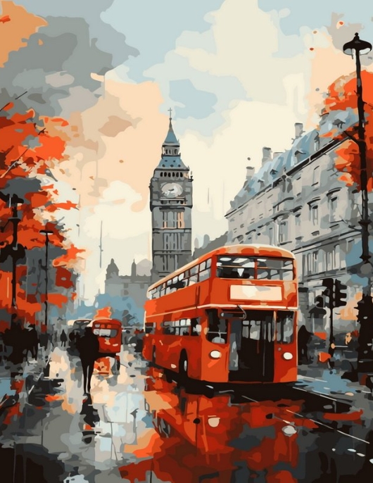 Tapyba pagal skaičius Raudonas dviaukštis autobusas Londono lietuje 40x50 cm