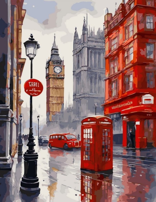 Tapyba pagal skaičius Londono gatvė su Big Benu ir raudona telefono būdele 40x50 cm Tapyba pagal skaičius Londono gatvė su Big Benu ir raudona telefono būdele 40x50 cm