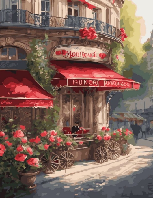 Tapyba pagal skaičius Romantiškasis Paryžiaus gėlių kampelis (Mulen Ružas) 40x50 cm Tapyba pagal skaičius Romantiškasis Paryžiaus gėlių kampelis (Mulen Ružas) 40x50 cm