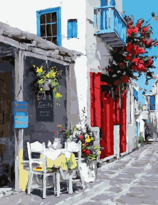 Tapyba pagal skaičius Baltosios alėjos kavinė su raudonomis durimis 40x50 cm