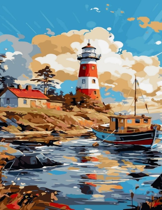 Tapyba pagal skaičius Švyturio ir laivų uosto vaizdas 40x50 cm