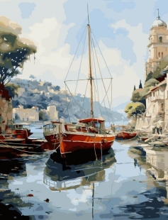 Tapyba pagal skaičius Viduržemio jūros uostas su laivais 40x50 cm