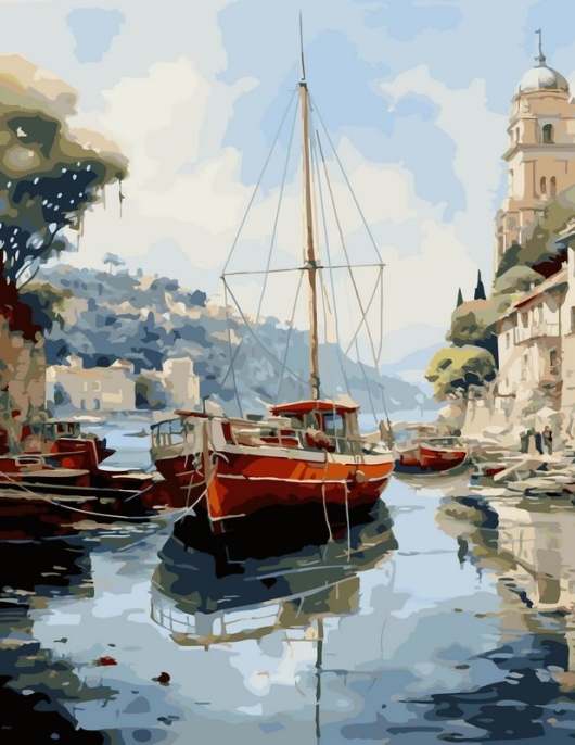 Tapyba pagal skaičius Viduržemio jūros uostas su laivais 40x50 cm