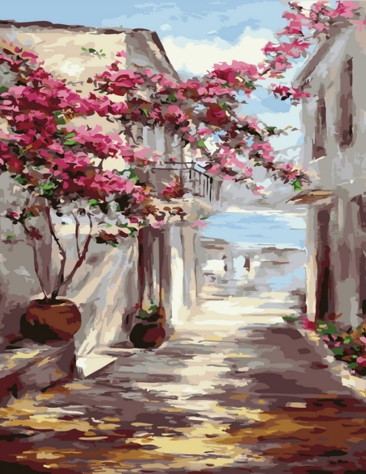 Tapyba pagal skaičius Viduržemio jūros alėja su bugenvilija 40x50 cm