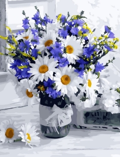 Tapyba pagal skaičius Baltos ramunės mėlyname stiklainyje 40x50 cm