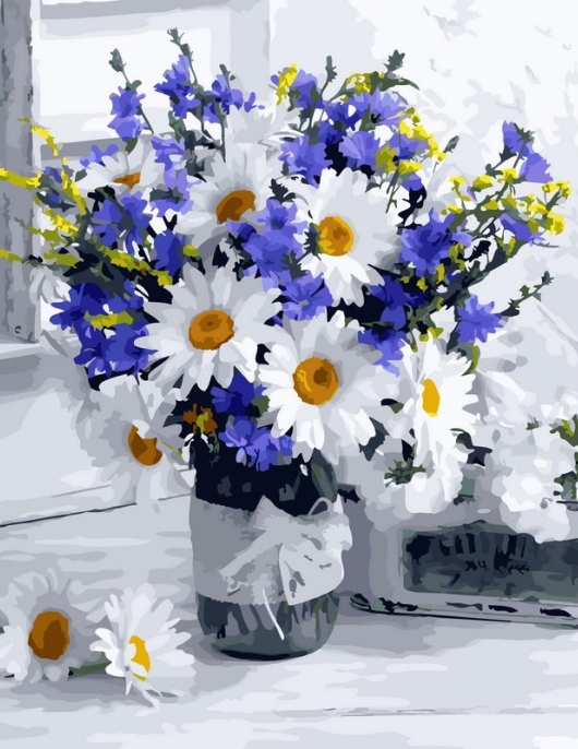 Tapyba pagal skaičius Baltos ramunės mėlyname stiklainyje 40x50 cm