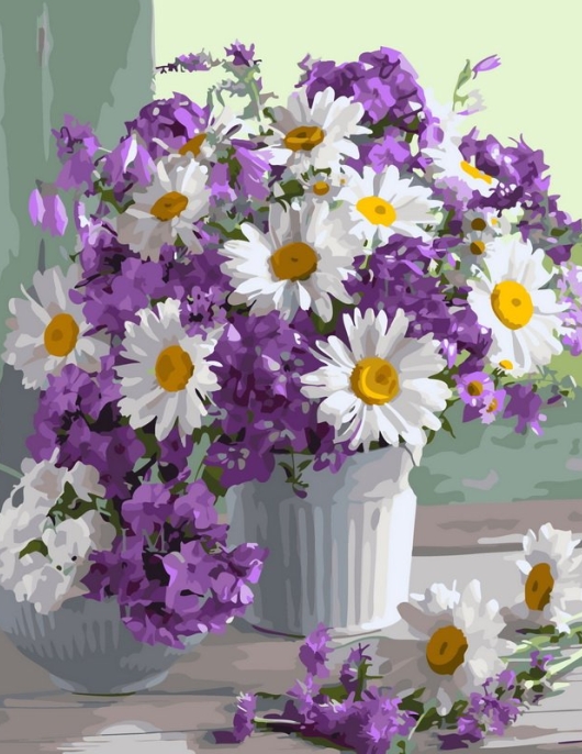 Tapyba pagal skaičius Vasaros puokštė su ramunėlėmis ir levandomis 40x50 cm