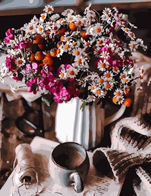 Tapyba pagal skaičius Jauki kaimiška puokštė su kava 40x50 cm