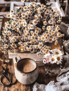 Tapyba pagal skaičius Kaimiška ramunėlių puokštė su puodeliu 40x50 cm