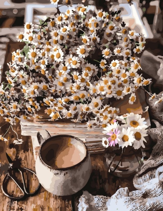 Tapyba pagal skaičius Kaimiška ramunėlių puokštė su puodeliu 40x50 cm