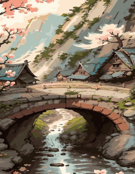 Tapyba pagal skaičius Japoniško tilto kaimo scena 40x50 cm
