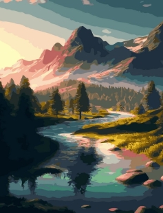 Tapyba pagal skaičius Kalnų upė saulėlydžio metu 40x50 cm