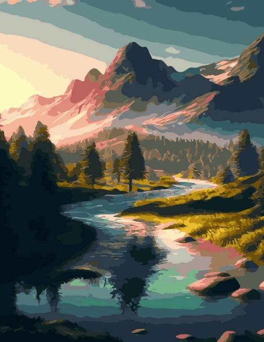 Tapyba pagal skaičius Kalnų upė saulėlydžio metu 40x50 cm