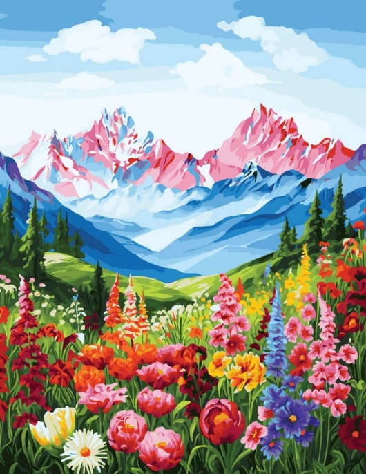 Tapyba pagal skaičius Gėlės ir kalnų vaizdas 40x50 cm