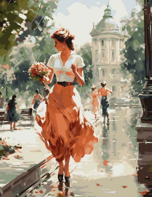 Tapyba pagal skaičius Romantiškas pasivaikščiojimas parke su gėlėmis 40x50 cm