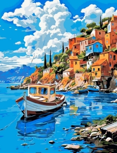 Tapyba pagal skaičius Viduržemio jūros pakrantės kaimo laivas 40x50 cm
