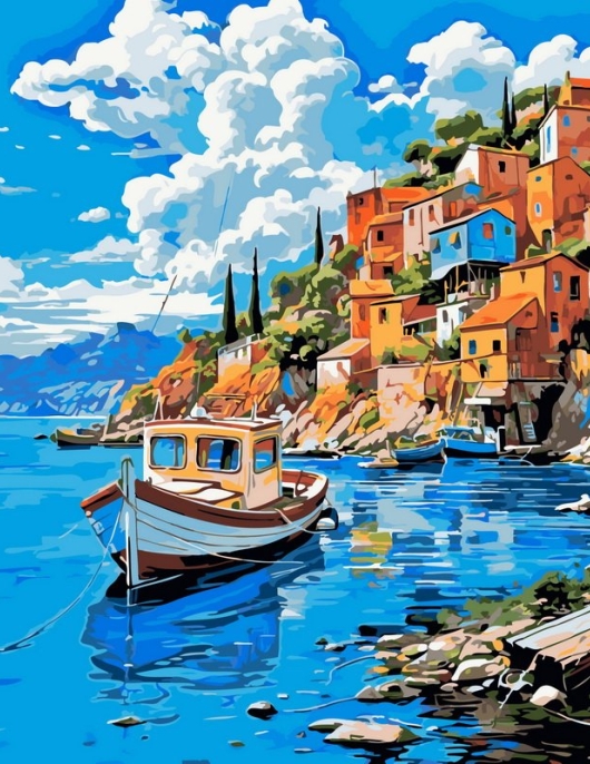 Tapyba pagal skaičius Viduržemio jūros pakrantės kaimo laivas 40x50 cm