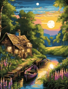 Tapyba pagal skaičius Jaukus namelis prie upės naktį 40x50 cm